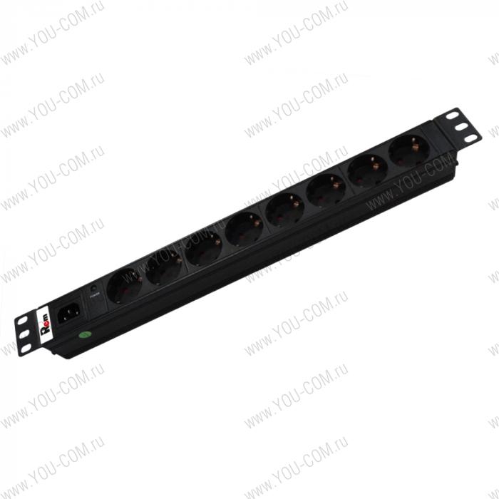 Блок розеток Rem-10 без шнура с инд., 8 Shuko, вход IEC320 C14, 10A, алюм., 19", черный