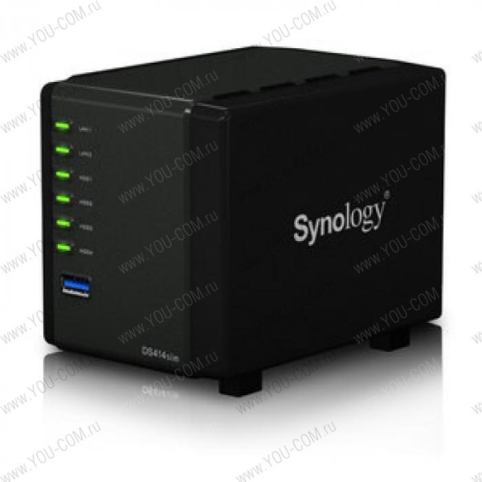 Synology DiskStation DS414slim Marvell Armada 370 CPU/512Mb/RAID0,1,10,5,5+spare,6/up to 4HDDs SATA 2,5'/2xUSB 3,0/1GigEth/iSCSI/1xIPcam(up to 8)/1xPS