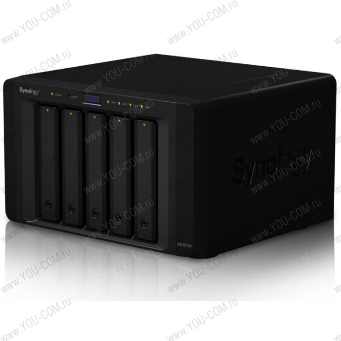 Synology DiskStation DS1515+ QC2,4GhzCPU/2Gb DDR3/RAID0,1,10,5,5+spare,6/up to 5hot plug HDDs SATA(3,5' or 2,5') (up to 15 with 2xDX513/)2xUSB3.0,4xUSB2.0/2eSATA/2GigEth/iSCSI/2x IPcam(up to 35)/1xPS r