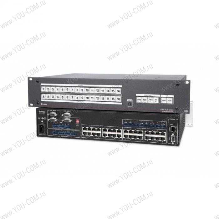 Матричный коммутатор 16x16 Extron MTPX Plus 1616 [60-832-01] по витой паре сигналов RGBHV, видео, стерео аудио и RS-232, динамическая компенсация сдвига фаз, локальные порты вставки RS-232, управление по IP Link Ethernet, RS232, RS422, высота 2U.