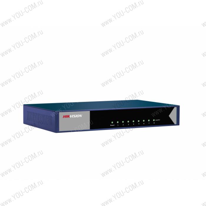 Hikvision DS-3E0508-E 8 RJ45 1000M (8й-Uplink порт); таблица MAC адресов на 4000 записей; пропускная способность 16Гб/с; AC100-240В, 0.3A; 0 °C...+40°C.