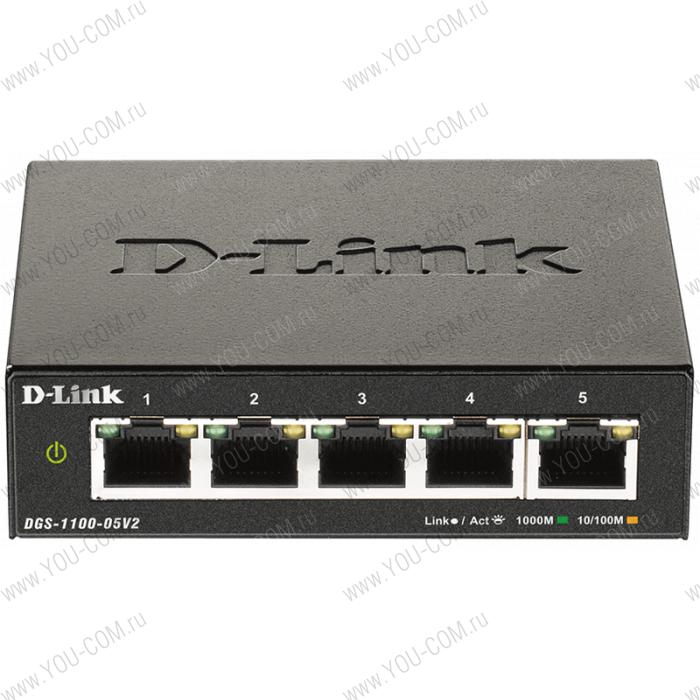 Коммутатор D-Link DGS-1100-05V2/A1A, L2 Smart Switch with 5 10/100/1000Base-T ports2K Mac address, 802.3x Flow Control,32 802.1Q VLAN, VID range 1-4094, Jumbo 9216 bytes, IGMP Snooping, Loopback Detection, Cab