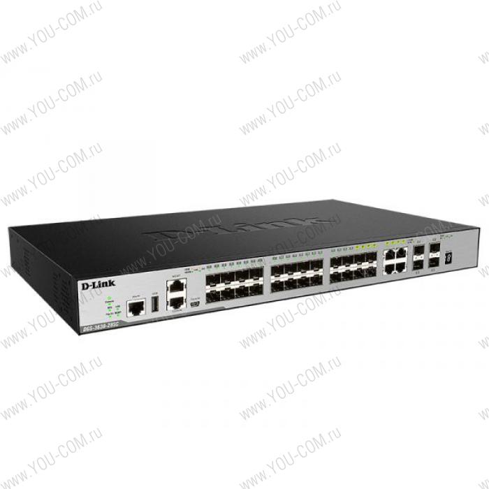 Коммутатор D-Link DGS-3630-28SC/A2ASI, PROJ L3 Managed Switch with 20 1000Base-X SFP ports and 4 100/1000Base-T/SFP combo-ports and 4 10GBase-X SFP+ ports. 68K Mac address, Physical stacking (up to 9 devices),