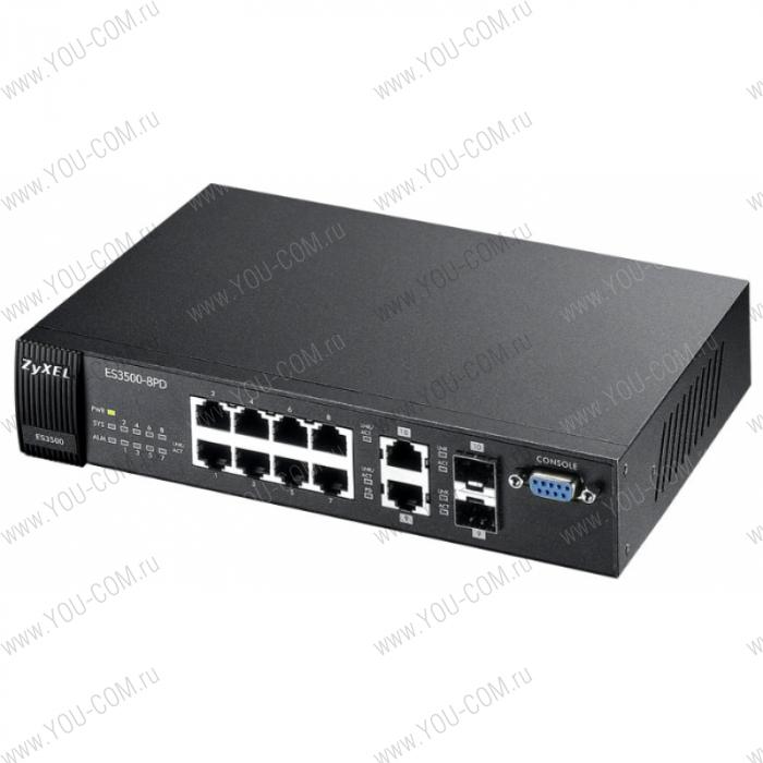 ZyXEL ES3500-8PD 8-портовый управляемый коммутатор L2+ Fast Ethernet с 2 портами Gigabit Ethernet совмещенными с SFP-слотами