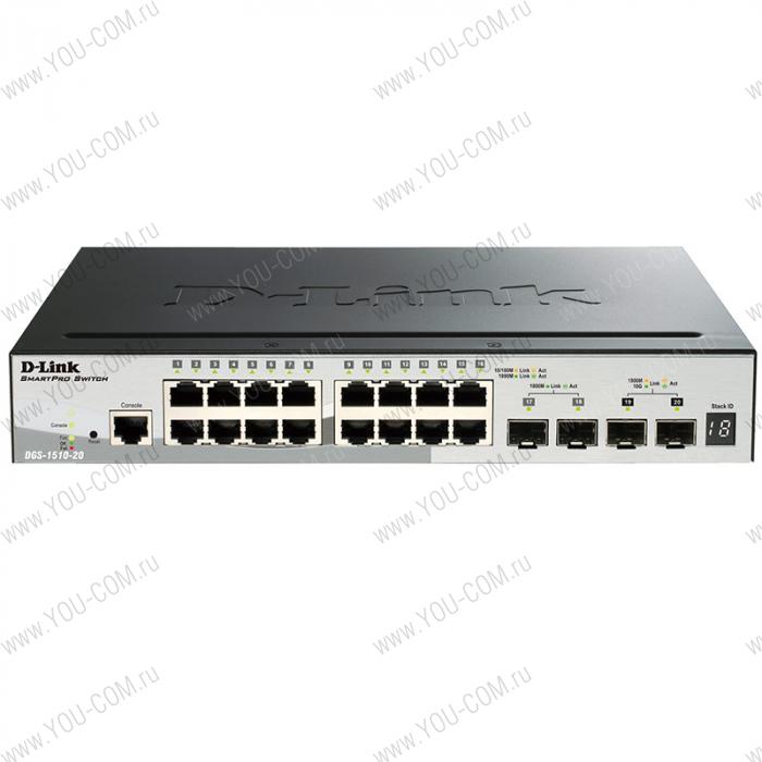 Коммутатор D-Link DGS-1510-20/A1A, PROJ L2+ Smart Switch with 16 10/100/1000Base-T ports and 2 1000Base-X SFP ports and 2 10GBase-X SFP+ ports.16K Mac address, 802.3x Flow Control, 802.3ad Link Aggregation, 802