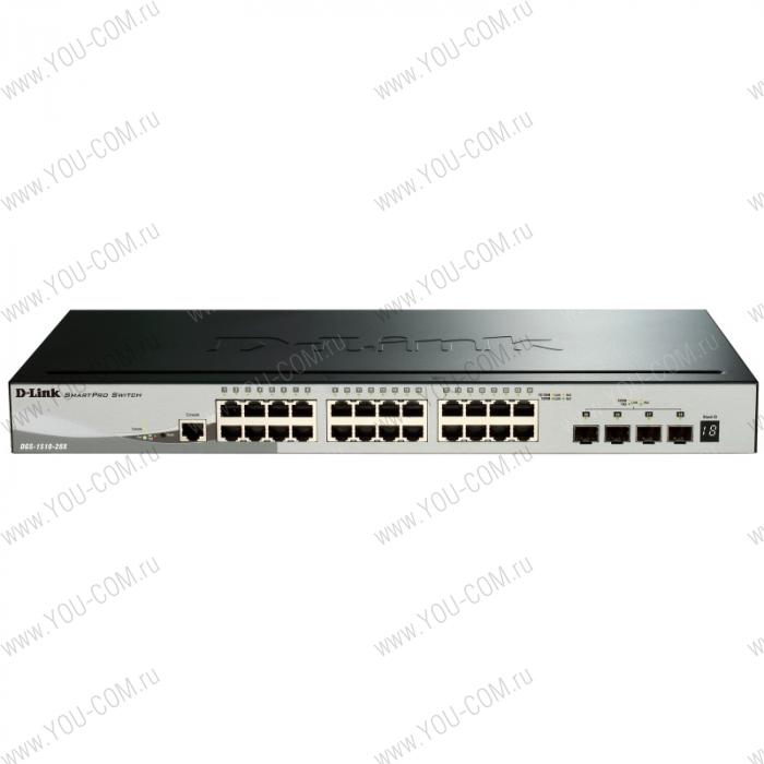 Коммутатор D-Link DGS-1510-28X/A1A, PROJ L2+ Smart Switch with 24 10/100/1000Base-T ports and 4 10GBase-X SFP+ ports.16K Mac address, 802.3x Flow Control, 802.3ad Link Aggregation, 802.1Q VLAN, Traffic Segmenta