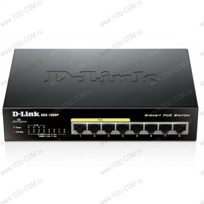 Коммутатор D-Link DES-1008P/C1A, L2 Unmanaged Switch with 8 10/100Base-TX ports (4 PoE ports 802.3af (15,4 W), PoE Budget 52 W).1K Mac address, Auto-sensing, 802.3x Flow Control, Stand-alone, Auto MDI/MDI-X for