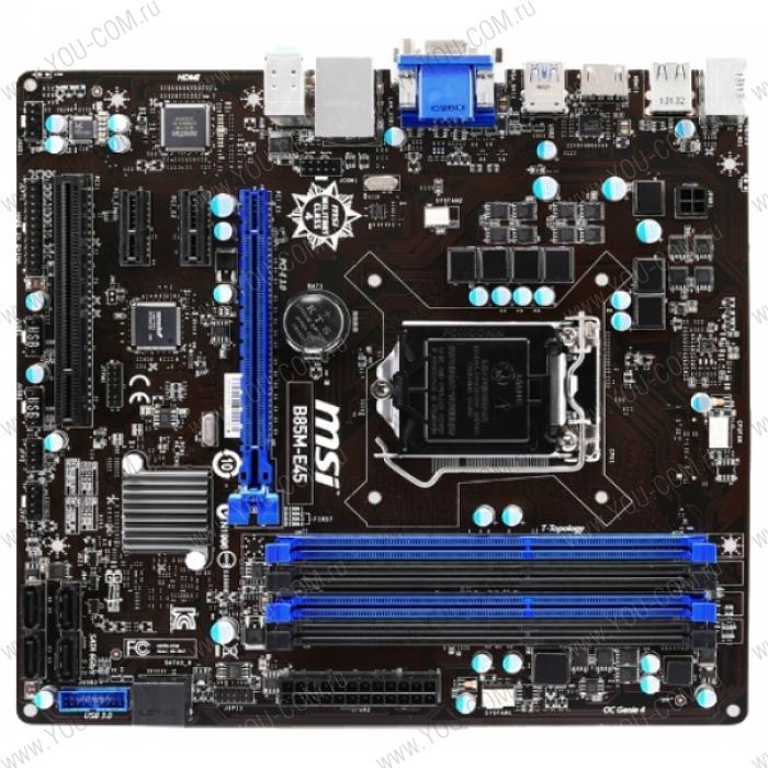 MSI B85M-E45 (Socket 1150, intel B85,All Solid CAP,4DDR3, 1PCIe x16, 2PCIe x1, 1PCI 4SATA6Gb/s, 4USB3.0, GbE LAN ,HDMI ,DVI,D-SUB, mATX