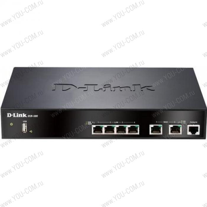 D-Link DSR-500/B1A, Firmware for Russia, VPN Firewall  2 10/100/1000 Mbps WAN port, 4 10/100/1000 Mbps LAN port. Support Ipv6 Firewall Throughput 70 Mbps, Support 30000 concurrent sessions, NAT, PAT,