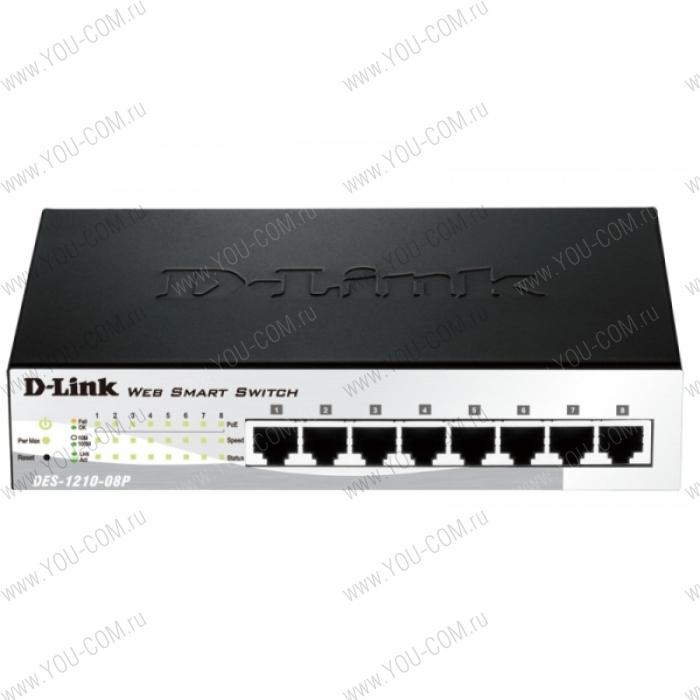 Коммутатор D-Link DES-1210-08P/C2A, WEB Smart III Switch with 8 PoE ports 10/100Mbps Fanless, 802.3x Flow Control, Static Port Trunking, 4094 – 802.1Q VLAN, 802.1p Priority Queues ACL, IGMP Snooping, Port mirror