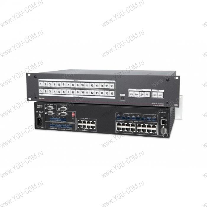 Матричный коммутатор 8x16 Extron MTPX Plus 816 [60-834-01] по витой паре сигналов RGBHV, видео, стерео аудио и RS-232, динамическая компенсация сдвига фаз, локальные порты вставки RS232, управление по IP Link Ethernet, RS232, RS422, высота 2U.