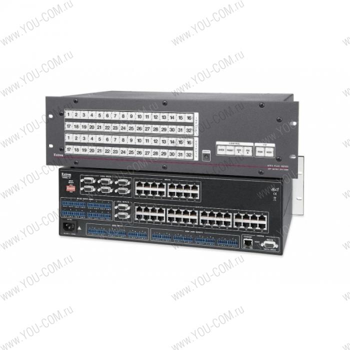 Матричный коммутатор 16x32 Extron MTPX Plus 1632 [60-898-01] по витой паре сигналов RGBHV, видео, стерео аудио и RS-232, динамическая компенсация сдвига фаз, локальные порты вставки RS232, управление по IP Link Ethernet, RS232, RS422, высота 3U.