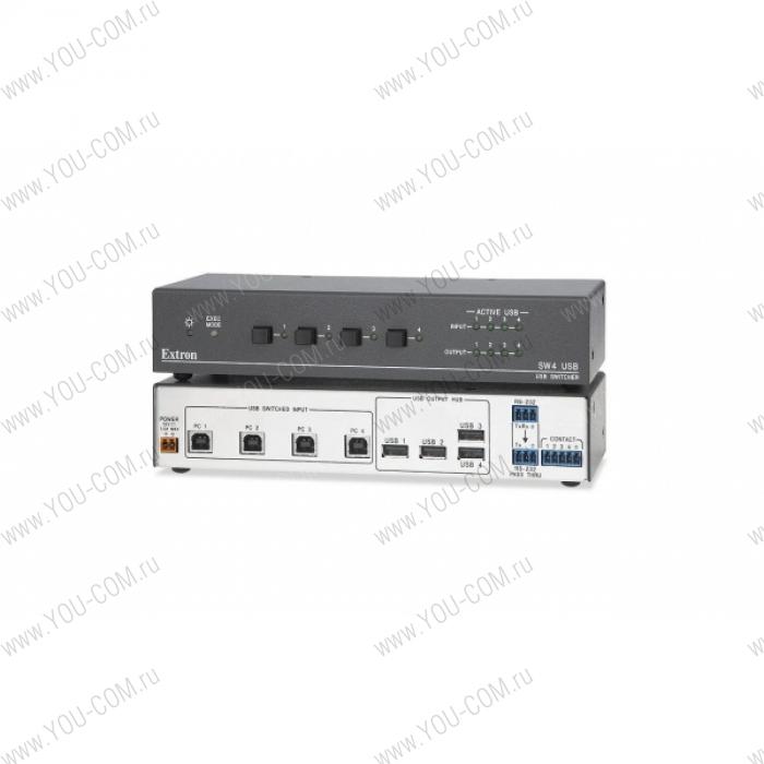 Коммутатор [60-953-02] Extron SW4 USB сигнала USB, хаб на 4 выхода, поддержка USB2.0, управление по RS232 (сухие контакты) из нескольких мест, проходной вход RS232 (сухие контакты).