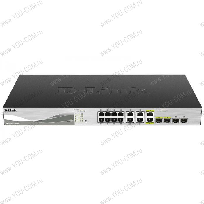 Коммутатор D-Link DXS-1100-16TC/A1A, PROJ L2 Smart Switch with 12 10GBase-T ports and 2 10GBase-T/SFP+ combo-ports and 2 10GBase-X SFP+ ports.16K Mac address, 320Gbps switching capacity, 802.3x Flow Control, 80