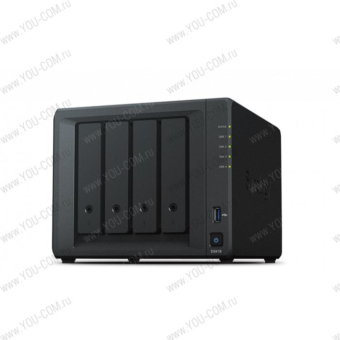 СХД Synology DS418 QC1,4GhzCPU/2GB/RAID0,1,10,5,6/up to 4HDDs SATA(3,5' or 2,5')/2xUSB3.0/2GigEth/iSCSI/2xIPcam(up to 30)/1xPS/2YW repl DS416