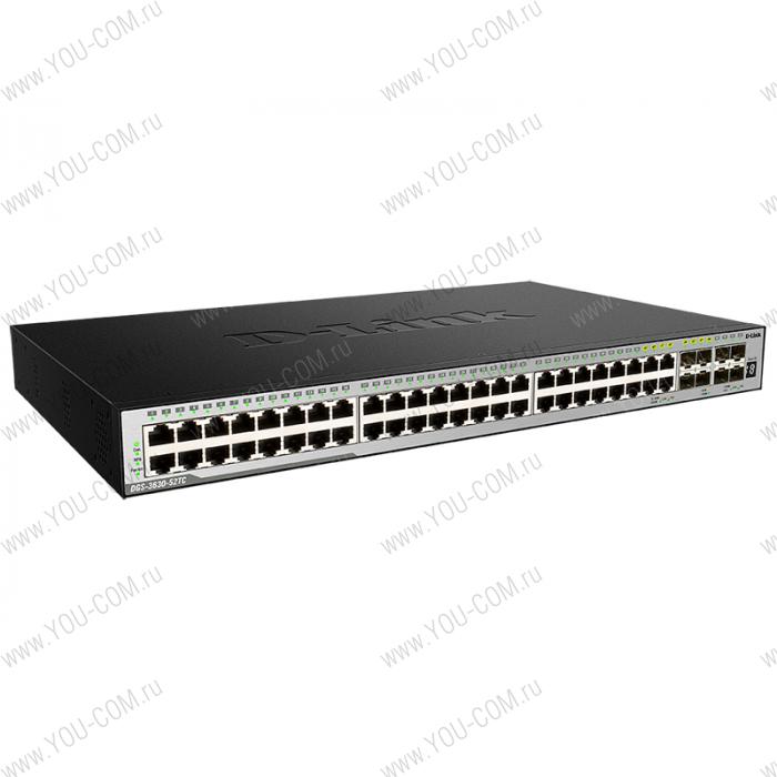D-Link DGS-3630-52TC/A1AMI, L3 Managed Switch with 44 10/100/1000Base-T ports and 4 100/1000Base-T/SFP combo-ports and 4 10GBase-X SFP+ ports. 68K Mac address, MPLS, Physical stacking (up to 9 device