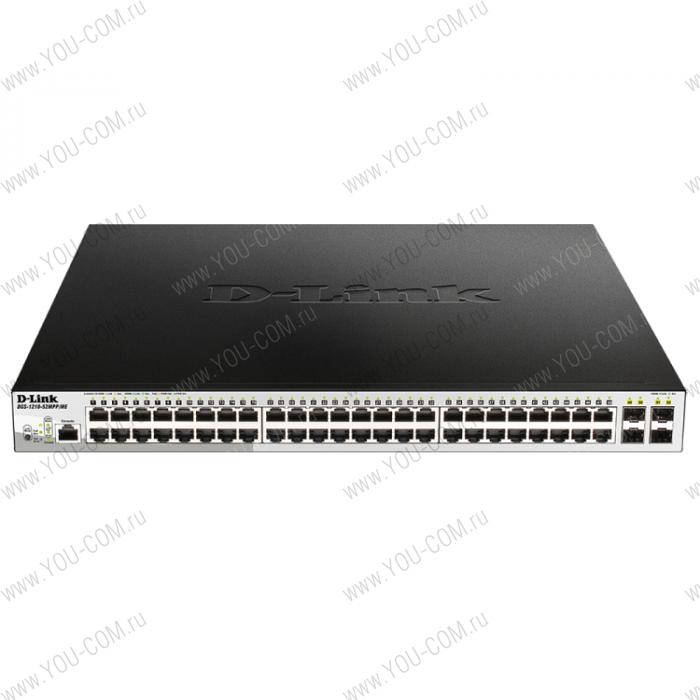 D-Link DGS-1210-52MPP/ME/B1A, L2 Managed Switch with 48 10/100/1000Base-T ports and 4 1000Base-X SFP ports  (48 PoE ports 802.3af/802.3at (30 W), PoE Budget 740 W). 16K Mac address, 802.3x Flow Contro
