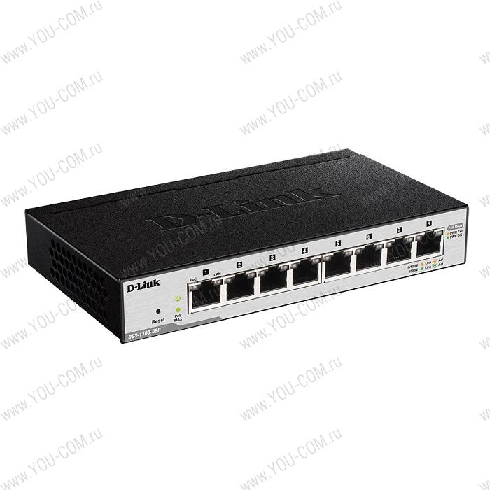 D-Link DGS-1100-08P/B1A, L2 Smart Switch with 8 10/100/1000Base-T and (8 PoE ports 802.3af (15,4 W), PoE Budget 64 W). 8K Mac address, 802.3x Flow Control, Port Trunking, Port Mirroring, IGMP Snooping