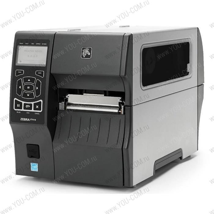 EOL Zebra TT Printer ZT410; 4'', 203 dpi, Euro and UK cord, Serial, USB, 10/100 Ethernet, Bluetooth 2.1/MFi, USB Host, EZPL