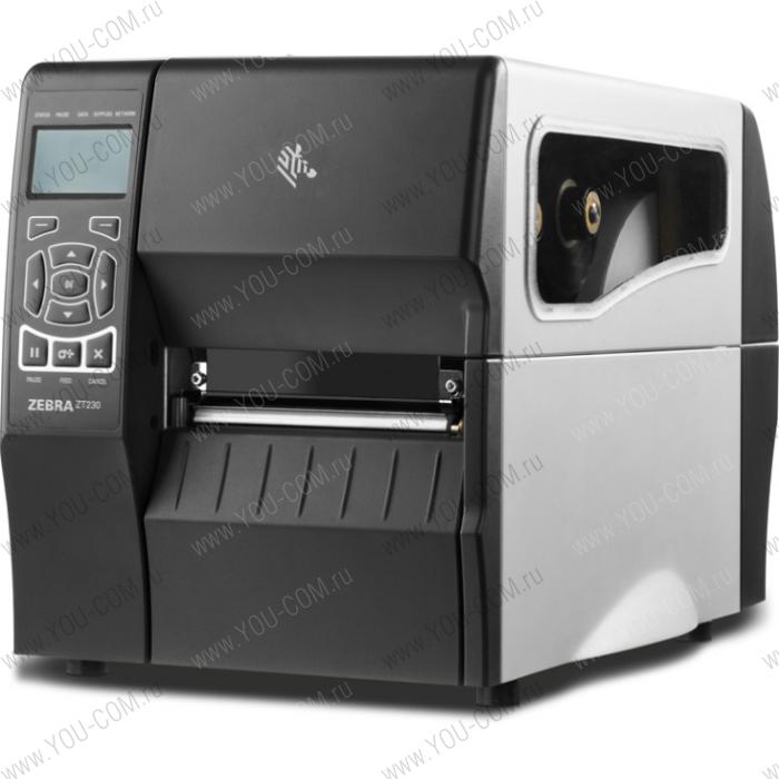 Zebra DT Printer ZT230; 203 dpi, Euro and UK cord, Serial, USB, Int 10/100, Cutter with Catch Tray