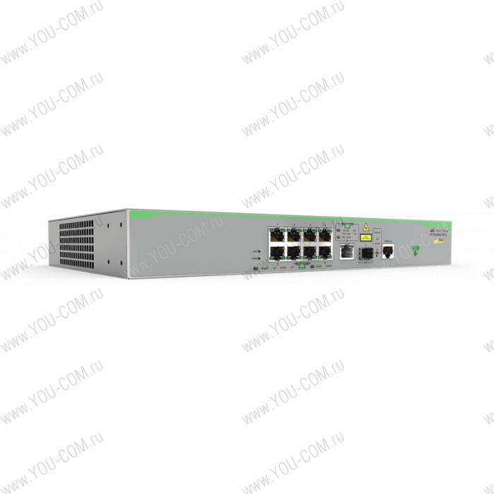 Allied Telesis 8 x 10/100T POE+ ports and 1 x combo ports (100/1000X SFP or 10/100/1000T Copper), Fixed AC power supply, EU Power Cord