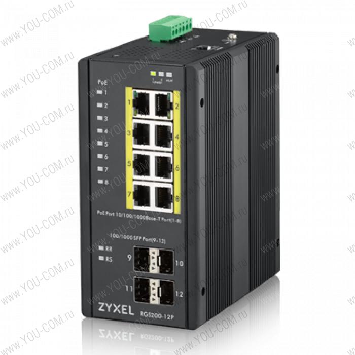 Промышленный L2 PoE+ коммутатор Zyxel RGS200-12P, 8xGE PoE+, 4xSFP, крепление на стену/DIN-рейку, IP30, два источника питания DC, бюджет PoE 240 Вт