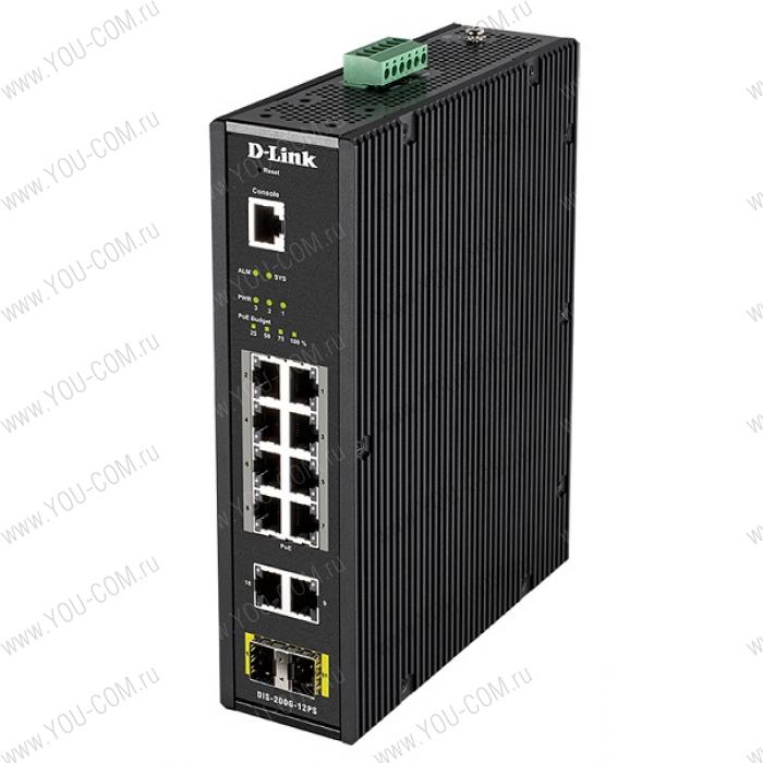 Коммутатор D-Link DIS-200G-12PS/A1A, PROJ L2 Managed Industrial Switch with 10 10/100/1000Base-T and 2 1000Base-X SFP ports (8 PoE ports 802.3af/802.3at (30 W), PoE Budget 123 W)8K Mac address, 802.3x Flow Cont