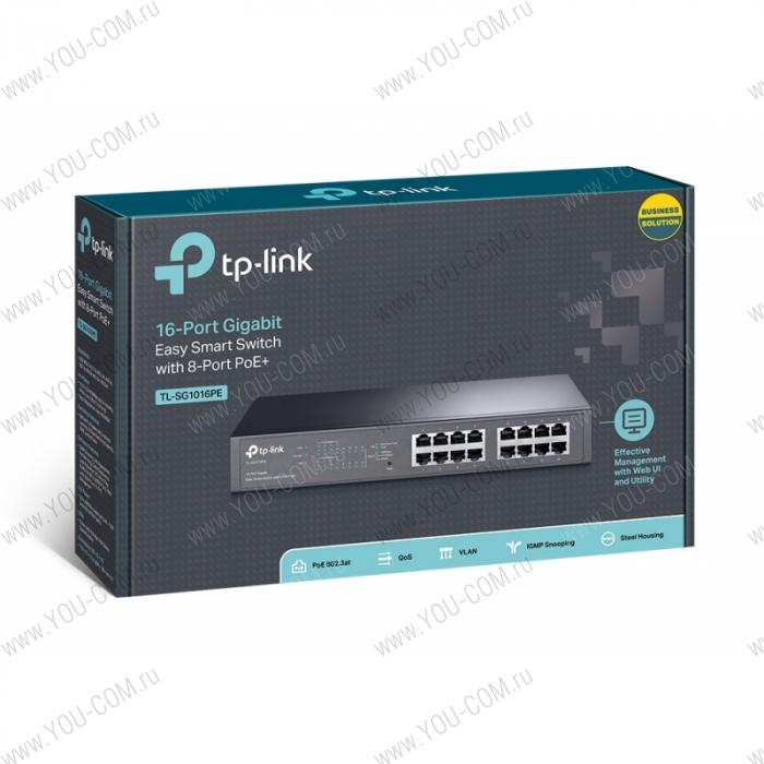 Коммутатор [TL-SG1016PE] Tp-Link TL-SG1016PE настольный/монтируемый в стойку, 16 гигабитных портов, из них 8 портов PoE+, поддержка стандарта 802.3af/at, общий бюджет PoE: 110Вт, QoS, VLAN на основе MTU/порта/тэга , IGMP Snooping V1/V2/V3, агрегирование