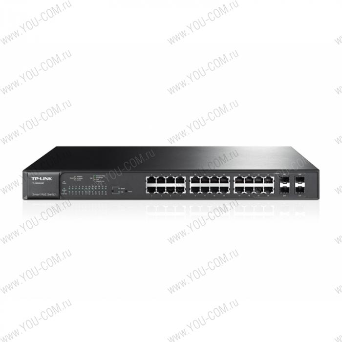 Коммутатор [TL-SG2424P] Tp-Link TL-SG2424P 24 гигабитных порта RJ45 + 4 комбинированных порта RJ45/SFP, 802.3at/af, до 180 Вт питания по PoE, VLAN на базе тэга, STP/RSTP/MSTP, IGMP V1/V2/V3 Snooping, 802.1P Qos, ограничение скорости, Port Trunking, зерк