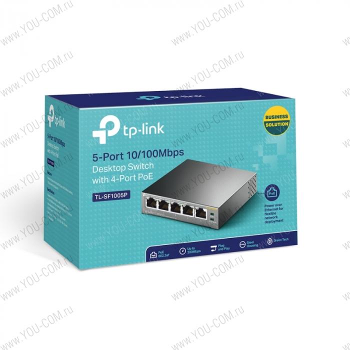 Коммутатор [TL-SF1005P] Tp-Link TL-SF1005P 5 портовRJ45 10/100 Мбит/с, включая 4 портаPoE, бюджетPoEдо 58 Вт, стальной корпус