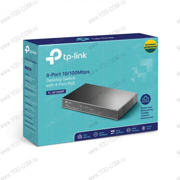 Коммутатор [TL-SF1008P] Tp-Link TL-SF1008P  8 портов RJ45 10/100 Мбит/с + 4 порта PoE, IEEE 802.3af, бюджет PoE 57 Вт, стальной корпус