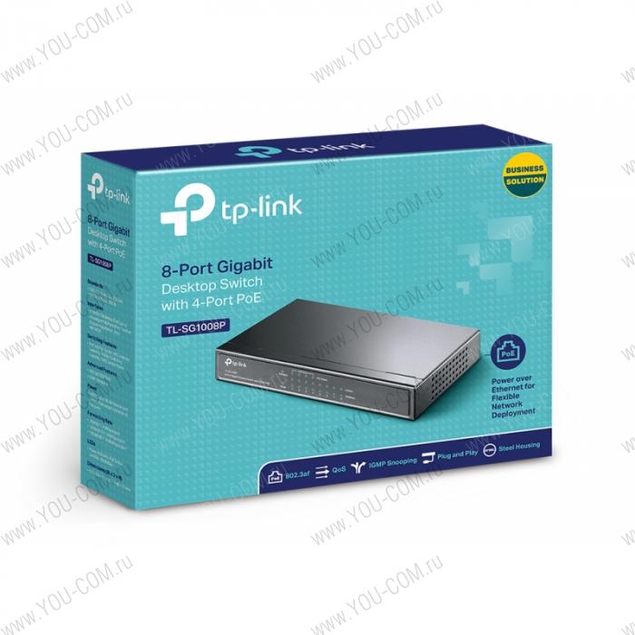 Коммутатор [TL-SG1008P] Tp-Link TL-SG1008P 8 гигабитных портов RJ45 + 4 порта PoE, IEEE 802.3af, бюджет PoE 53 Вт, стальной корпус