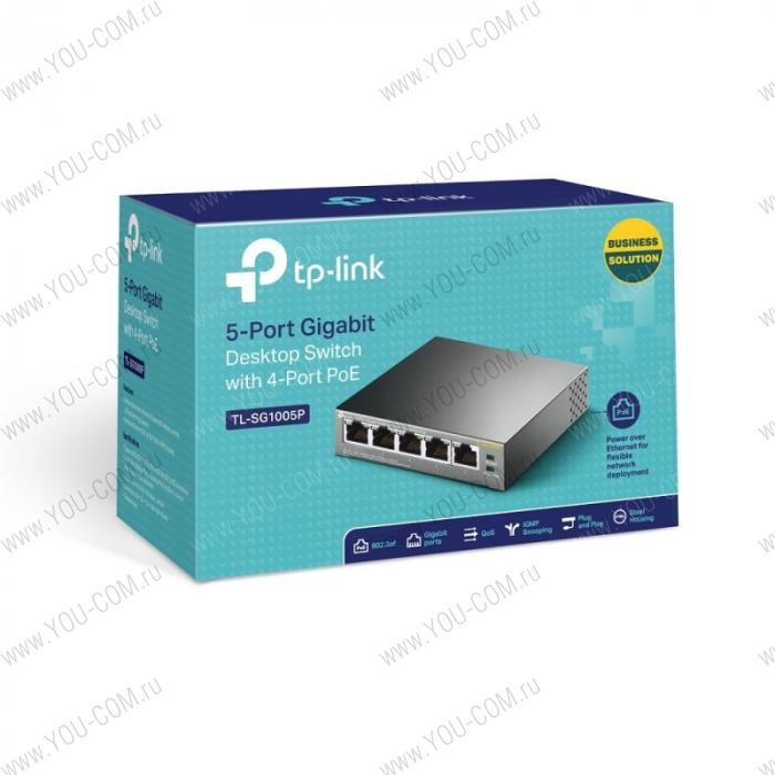 Коммутатор [TL-SG1005P] Tp-Link TL-SG1005P 5 гигабитных портовRJ45,включая 4 портаPoE, бюджетPoEдо 56 Вт, стальной корпус