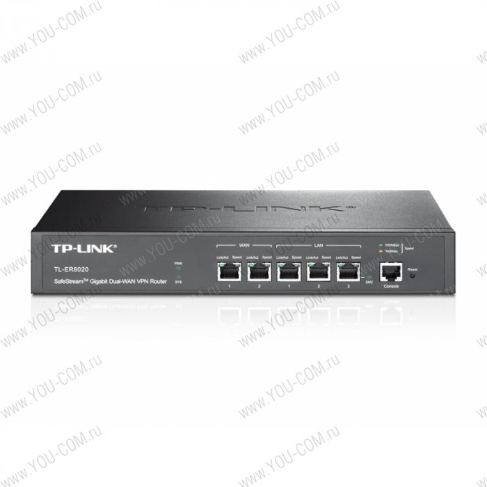 Роутер [TL-ER6020] Tp-Link TL-ER6020 2 гигабитных порта WAN + 2 гигабитных порта LAN + 1 гигабитный порт LAN/DMZ, до 50 IPsec VPN-туннелей, 16 PPTP VPN-туннелей и 16 L2TP VPN-туннелей, балансировка нагрузки, поддержка L2TP/PPTP/PPPoE, резервирова