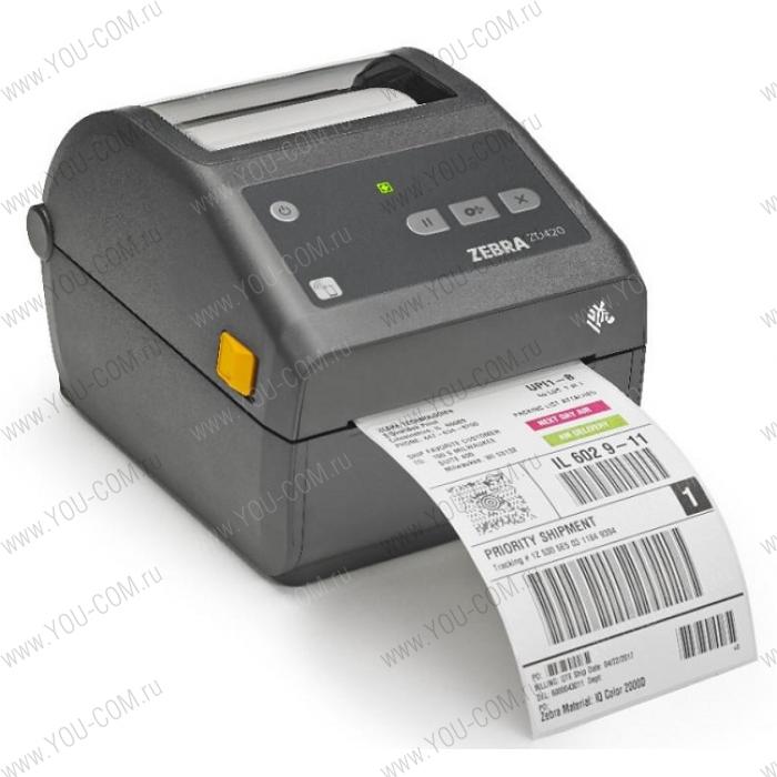 Zebra DT Printer ZD420; Standard EZPL, 203 dpi, EU and UK Cords, USB, USB Host, Modular Connectivity Slot, 802.11, BT ROW
