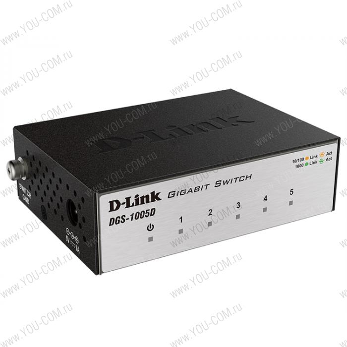 D-Link DGS-1005D/I3A, L2 Unmanaged Switch with 5 10/100/1000Base-T ports.2K Mac address, Auto-sensing, 802.3x Flow Control, Stand-alone, Auto MDI/MDI-X for each port, D-link Green technology, Metal c
