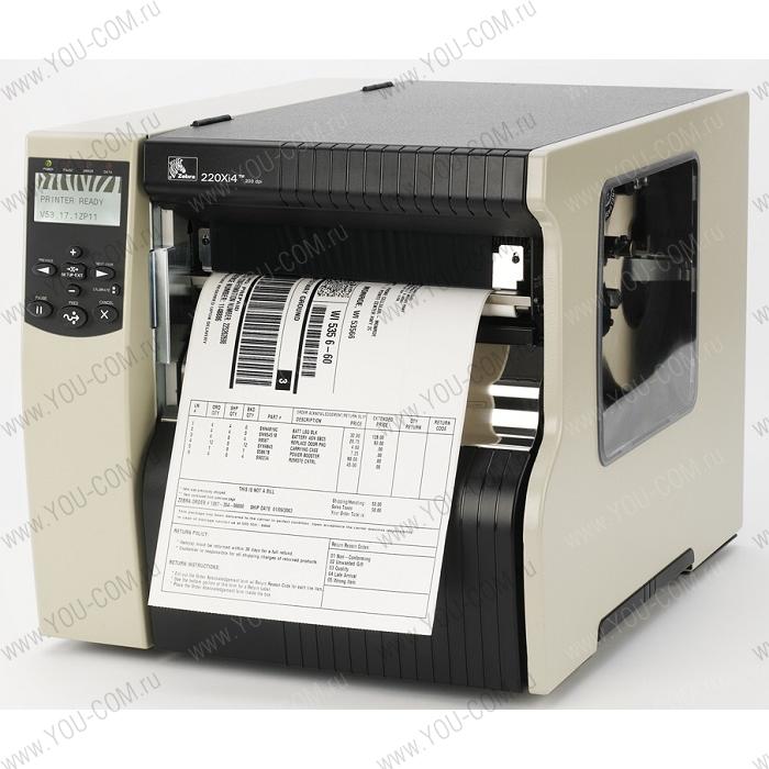 Zebra TT Printer 220Xi4; 203dpi, Euro/ UK cord, Swiss 721 font, Serial, Parallel, USB, Int 10/100, Bifold Media Door