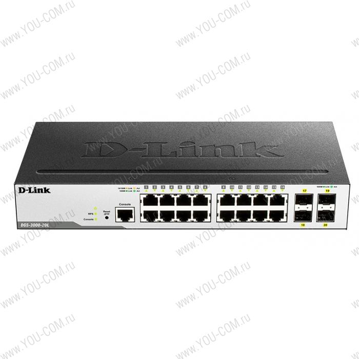 Коммутатор D-Link DGS-3000-20L/B1A, L2 Managed Switch with 16 10/100/1000Base-T ports and 4 1000Base-X SFP ports.16K Mac address, 802.3x Flow Control, 4K of 802.1Q VLAN, VLAN Trunking, 802.1p Priority Queues, T