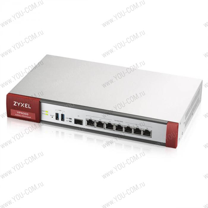 Межсетевой экран Zyxel ZyWALL VPN300, Rack, конфигурируемые порты (LAN/WAN) 7xGE и 1xSFP, 2xUSB3.0, AP Controller (4/132), SD-WAN, Device HA Pro, подписка на 1 год фильтрации контента (CF) и Geo IP