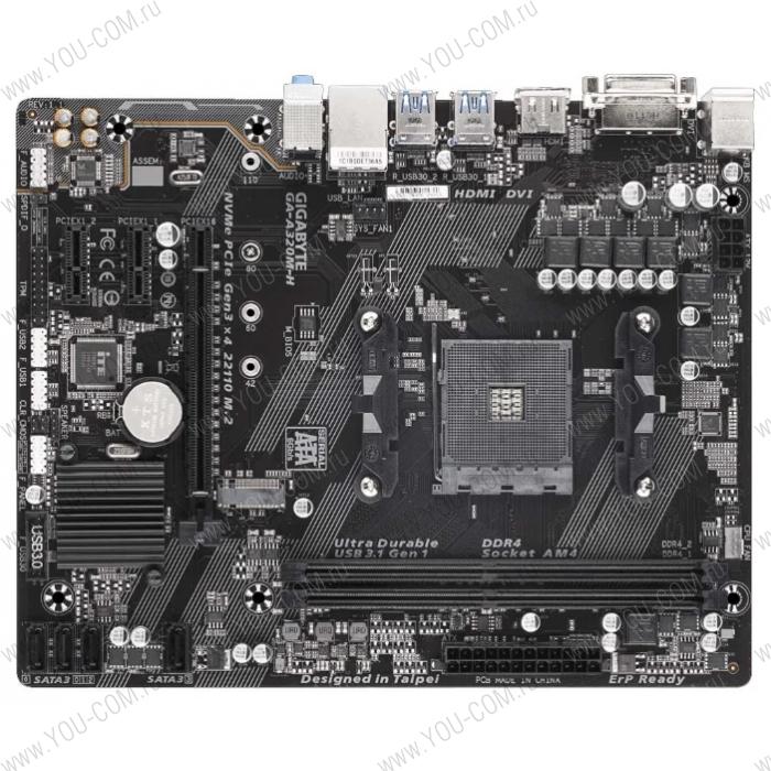 GIGABYTE GA-A320M-H // Socket AM4, AMD A320, 2xDDR4-2667, DVI-D+HDMI, 1xPCI-Ex16, 2xPCI-Ex1, 4xSATA3(RAID 0/1/10), 1xM.2, 8 Ch Audio, GLan, (2+4)xUSB2.0, (4+2)xUSB3.1, 2xPS/2, mATX, RTL