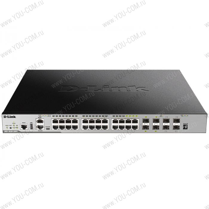 D-Link DGS-3630-28PC/A1ASI, L3 Managed Switch with 20 10/100/1000Base-T ports and 4 100/1000Base-T/SFP combo-ports and 4 10GBase-X SFP+ ports (24 PoE ports 802.3af/802.3at (30 W), PoE Budget 370 W,