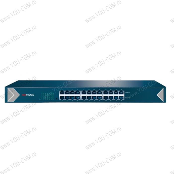 Hikvision DS-3E0524-E 24 RJ45 1000M (23й и 24й-Uplink порты); таблица MAC адресов на 8000 записей; пропускная способность 48Гб/с; AC100-240В; 0 °C...+40°C.