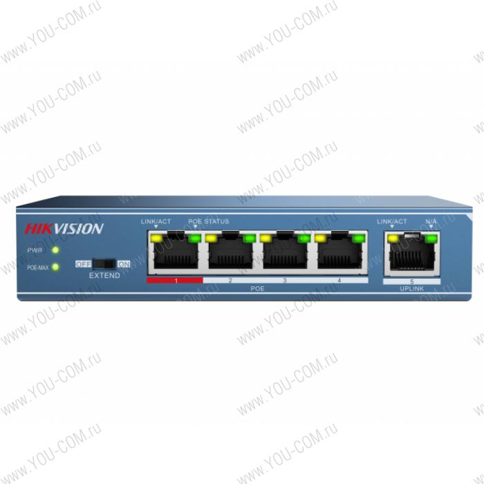 Коммутатор Hikvision DS-3E0105P-E 4 RJ45 100M PoE с грозозащитой 4кВ, 1 порт с высоким приоритетом; 1 Uplink порт 100М Ethernet; таблица MAC адресов на 1000 записей; пропускная способность 1Гб/с; стандарты PoE: