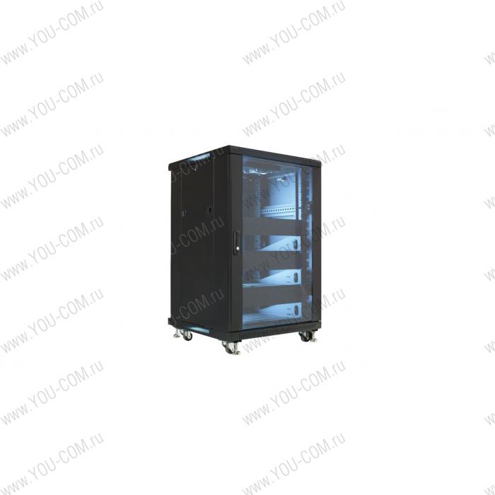 Мятая упаковка [W18UR / RE18RU] Рэковая стойка Wize Pro W18UR / RE18RU 19", высота 18U, габариты 1000х615х625 мм, вентиляция, колесики, 3 шт полок 2U, 3 шт втулок 2U, макс. вес нагрузки 798 кг, сталь, черный