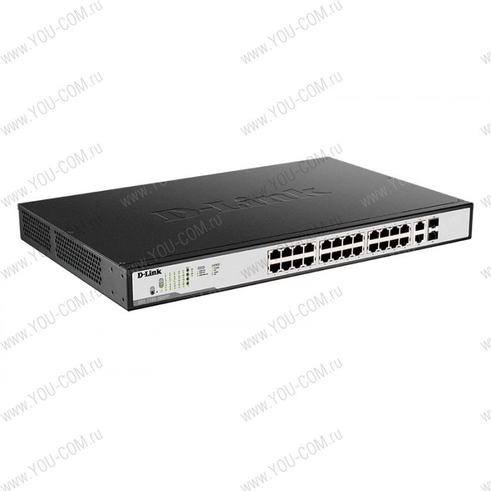 Коммутатор D-Link DGS-1100-26MPP/C1A, L2 Smart Switch with 24 10/100/1000Base-T ports and 2 1000Base-T/SFP combo-ports (20 PoE ports 802.3af/802.3at (30 W),4 802.3af/802.3at/UPoE 802.3bt draft (75 W), PoE Budg