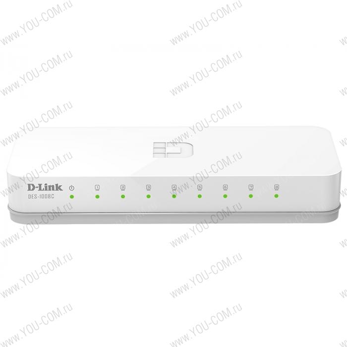 Коммутатор D-Link DES-1008C/B1A, L2 Unmanaged Switch with 8 10/100Base-TX ports.2K Mac address, Auto-sensing, 802.3x Flow Control, Stand-alone, Auto MDI/MDI-X for each port, Plastic case. Manual + External Pow