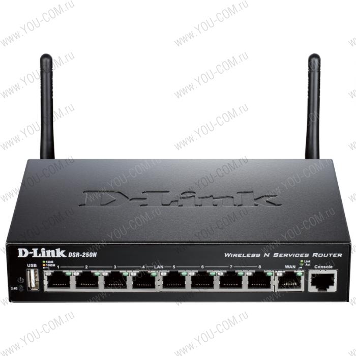D-Link DSR-250N/C1A, Wireless N300 VPN Gigabit Router with 1 10/100/1000Base-T WAN ports, 8 10/100/1000Base-T LAN ports and 1 USB ports.Firmware for Russia. 802.11b/g/n compatible, 802.11N up to 300