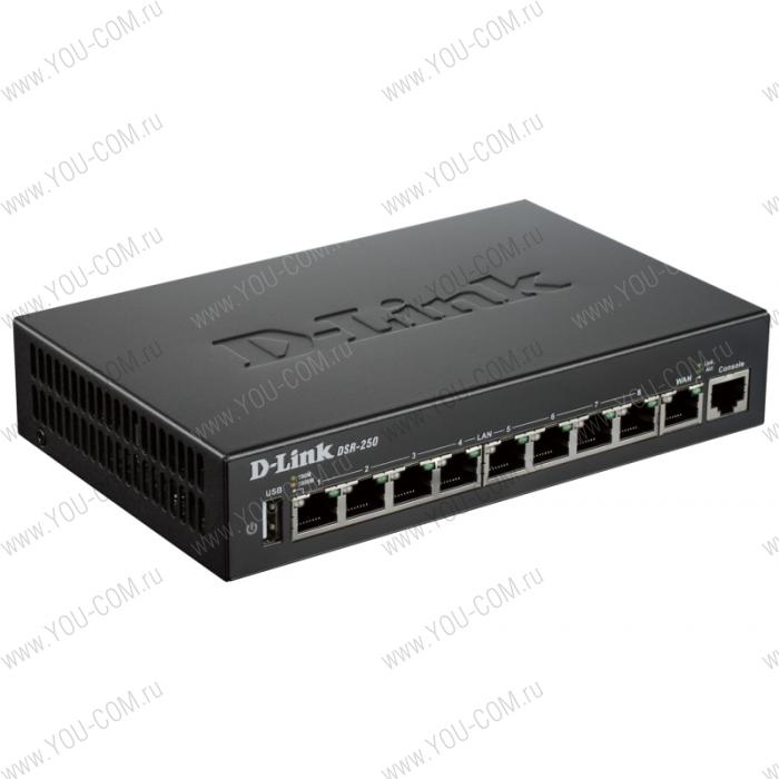 D-Link DSR-250/C1A, VPN Gigabit Router with 1 10/100/1000Base-T WAN ports, 8 10/100/1000Base-T LAN ports and 1 USB ports.Firmware for Russia.1 10/100/1000/1000Base-T WAN ports, 4 10/100/1000/1000Ba
