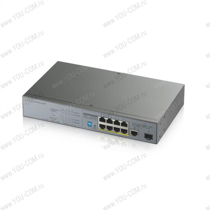 Коммутатор PoE+ для IP-видеокамер Zyxel GS1300-10HP, rack 19", 9xGE (8xPoE+), 1xSFP, бюджет PoE 130 Вт, дальность передачи питания до 250 м, повышенная защита от перенапряжений и электростатических ра
