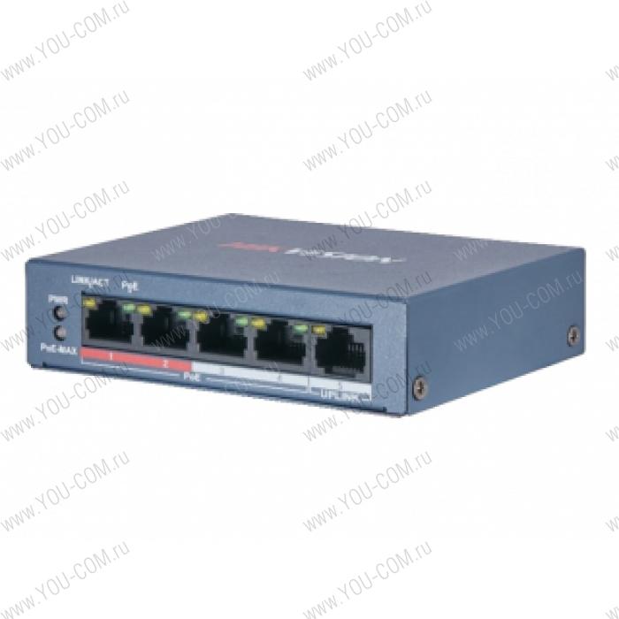 Коммутатор Hikvision DS-3E0105P-E/M(B) 4 RJ45 100M PoE с грозозащитой 6кВ; 1 Uplink порт 100М Ethernet: бюджет PoE 35Вт; поддерживают режим передачи до 250м; таблица MAC адресов на 1000 записей;